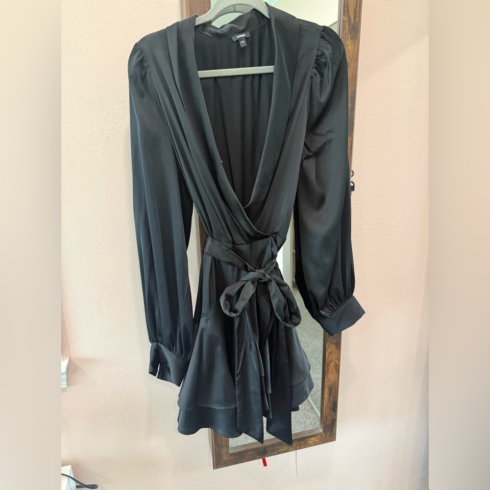 Express Black Wrap-Front Long Sleeve Mini Dress